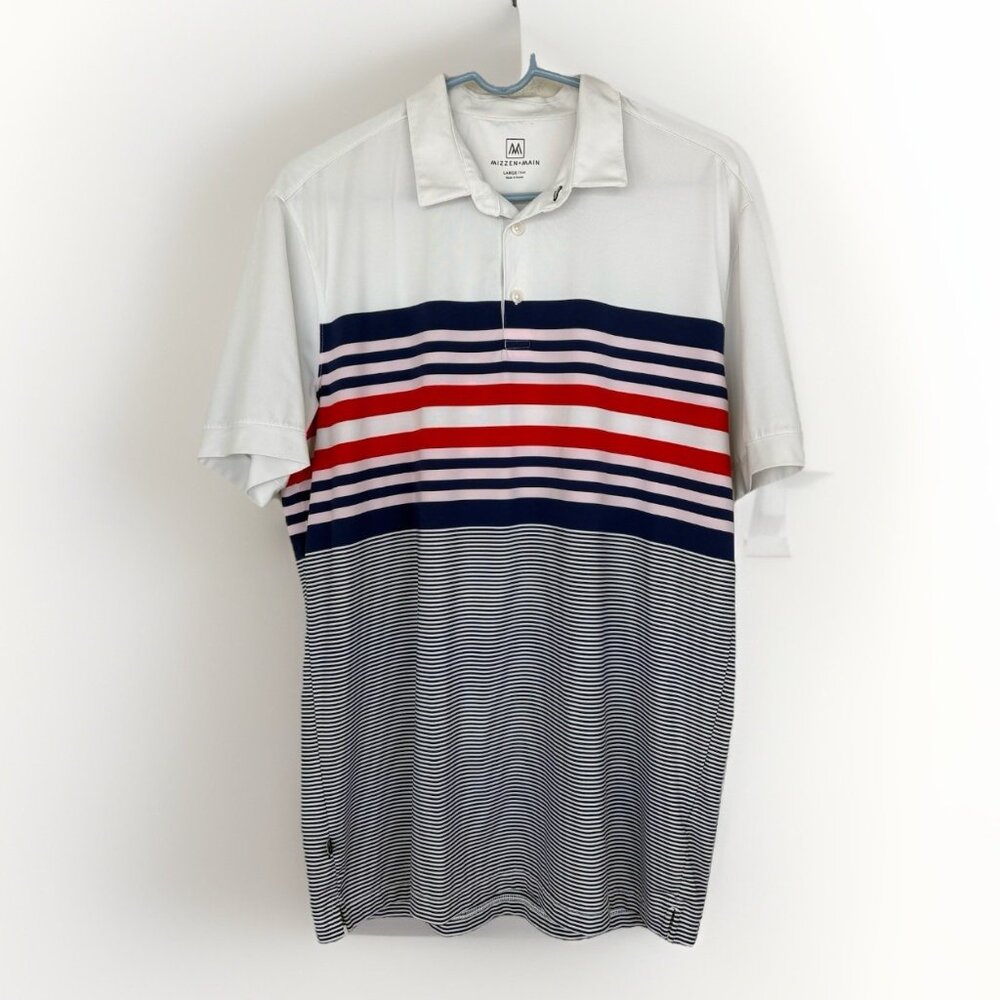Mizzen Main Versa Polo Shirt Mens Large Trim Navy Engineered Stripe Golf